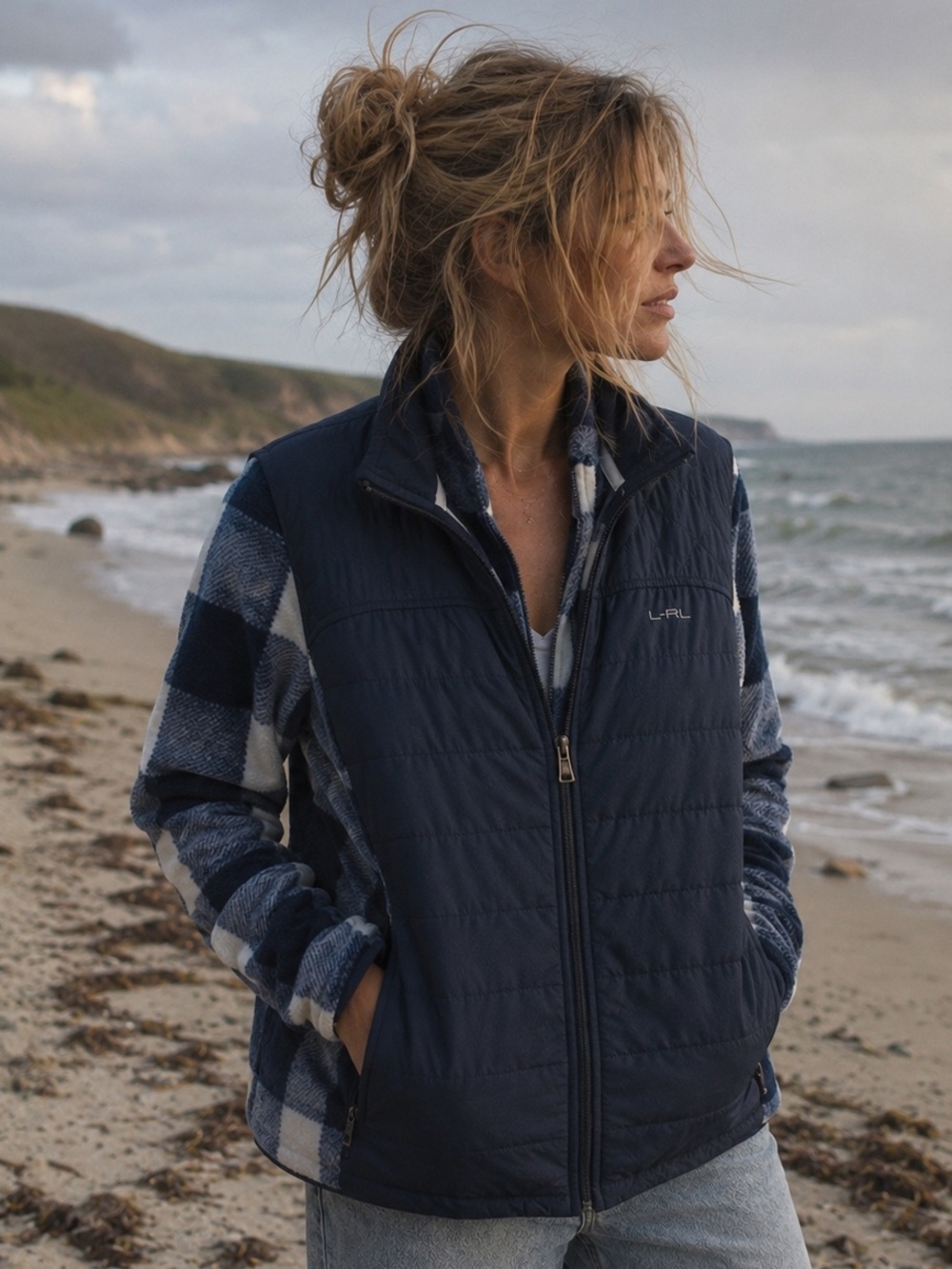 Lauren Ralph Lauren Active XL Plaid Puffer Fleece Jacket Navy Blue